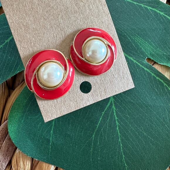BOGO FREE RED ENAMEL PEARL STATEMENT EARRINGS - Picture 1 of 4